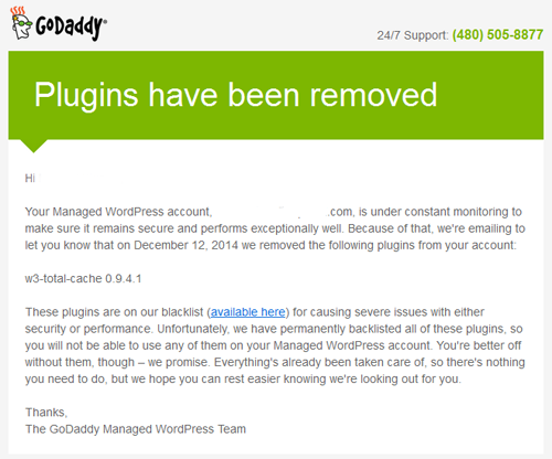 GoDaddy Managed WordPress Plugins Removed