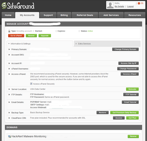 SiteGround Account Panel My Accounts