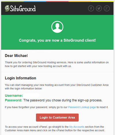 SiteGround Welcome Email