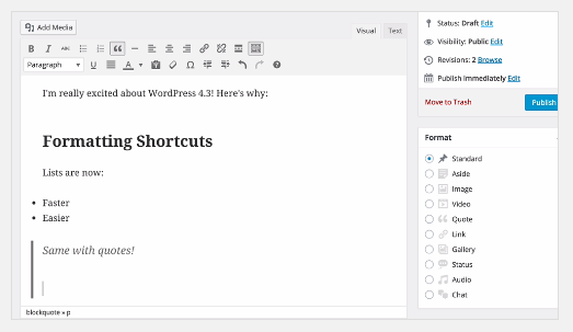 WordPress 4.3 Formatting Shortcuts