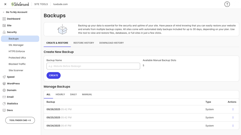 SiteGround Data Backup and Restore
