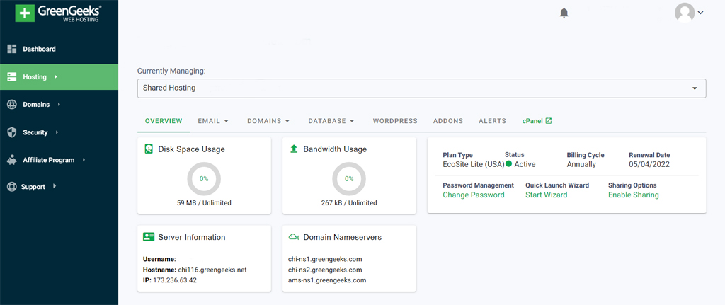 GreenGeeks Dashboard