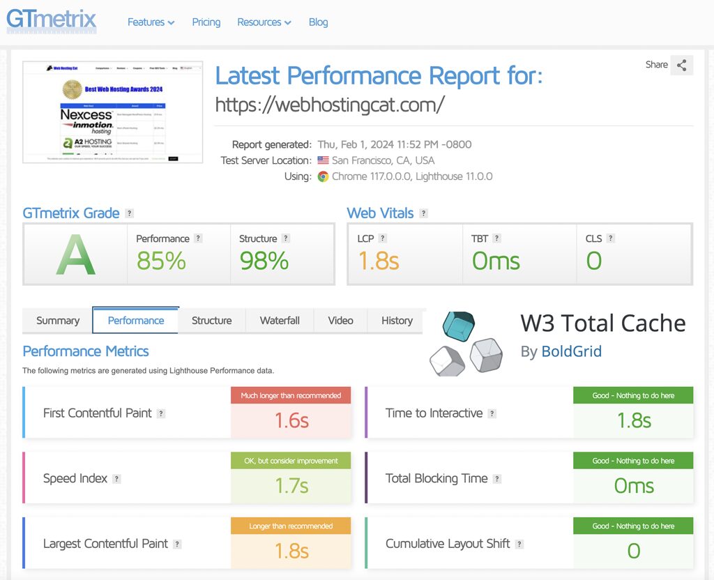 W3 Total Cache Speed Test Results