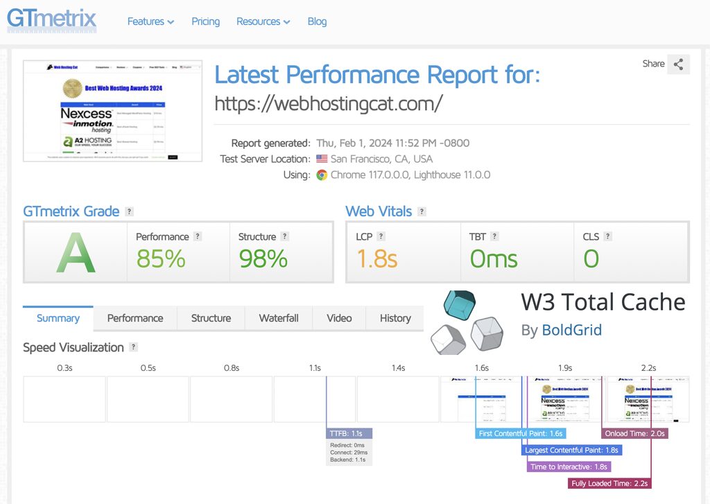 W3 Total Cache Speed Test Results