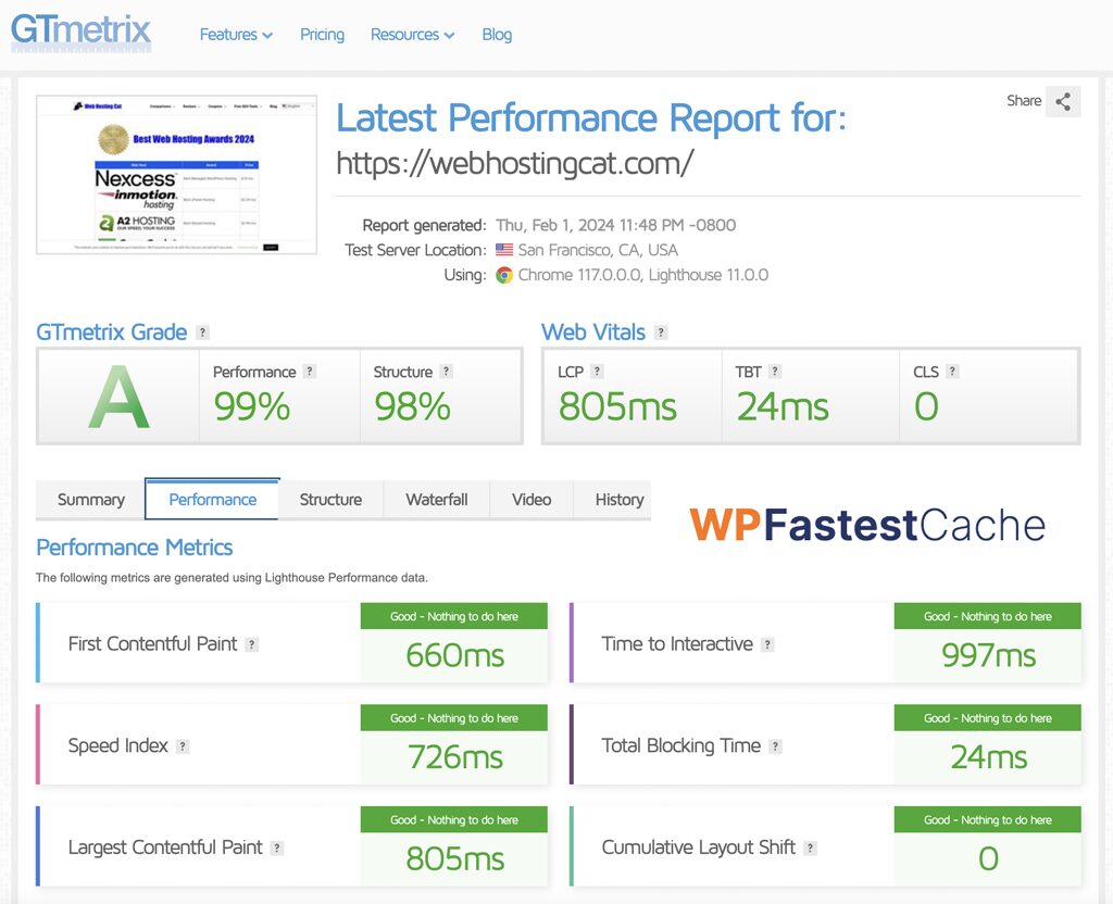 WP Fastest Cache Speed Test Results