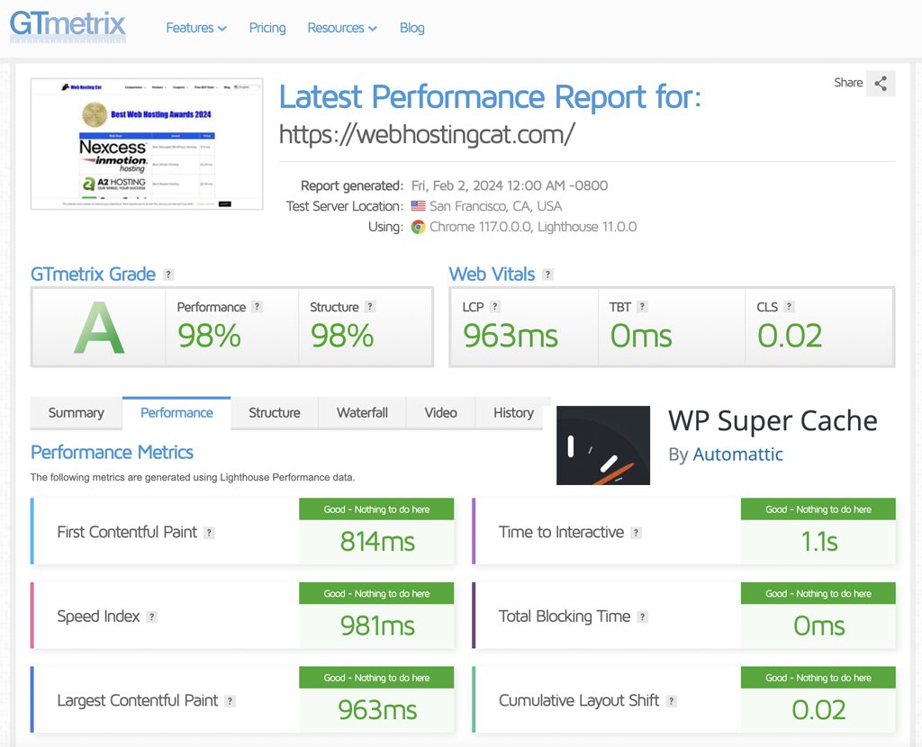 WP Super Cache Speed Test Results