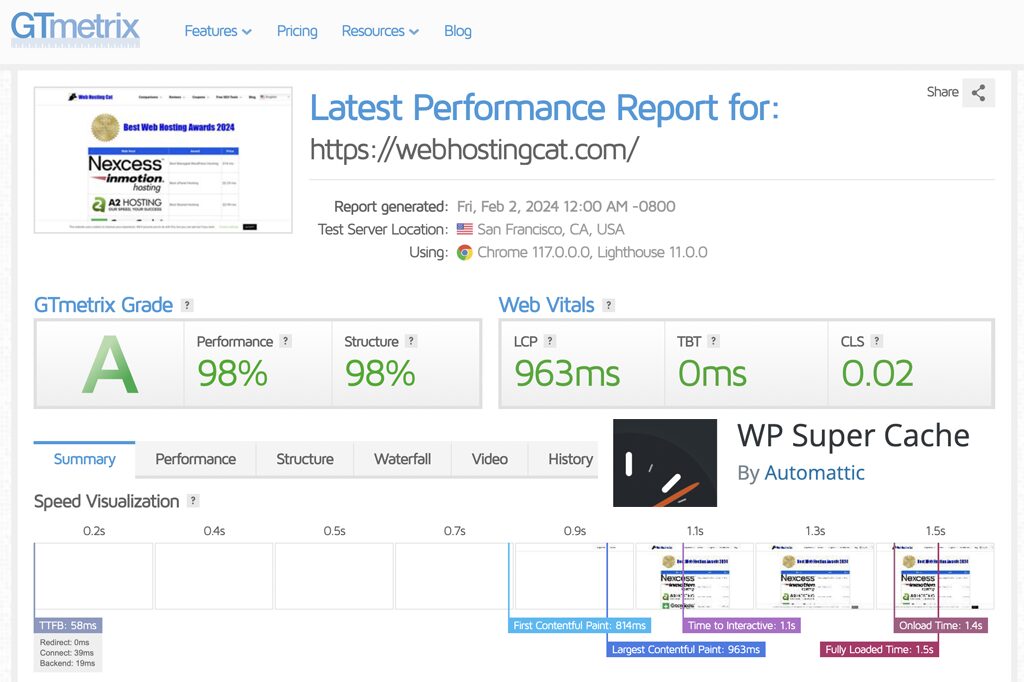 WP Super Cache Speed Test Results