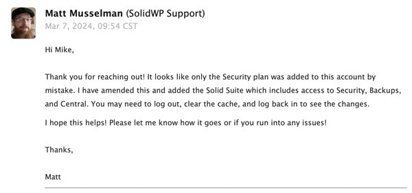 SolidWP Support Response