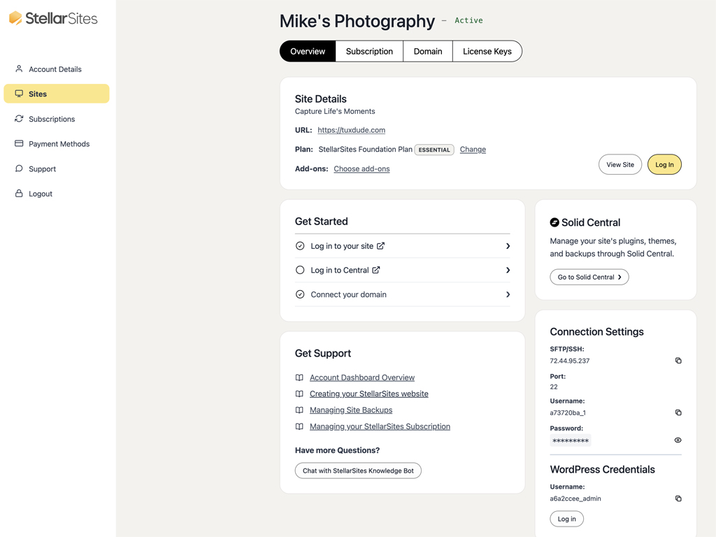 StellarSites Account Dashboard