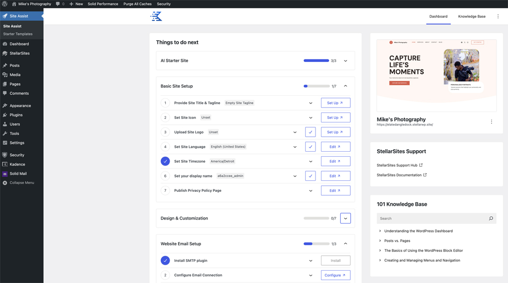 StellarSites WordPress Dashboard