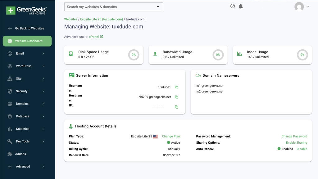 GreenGeeks Dashboard